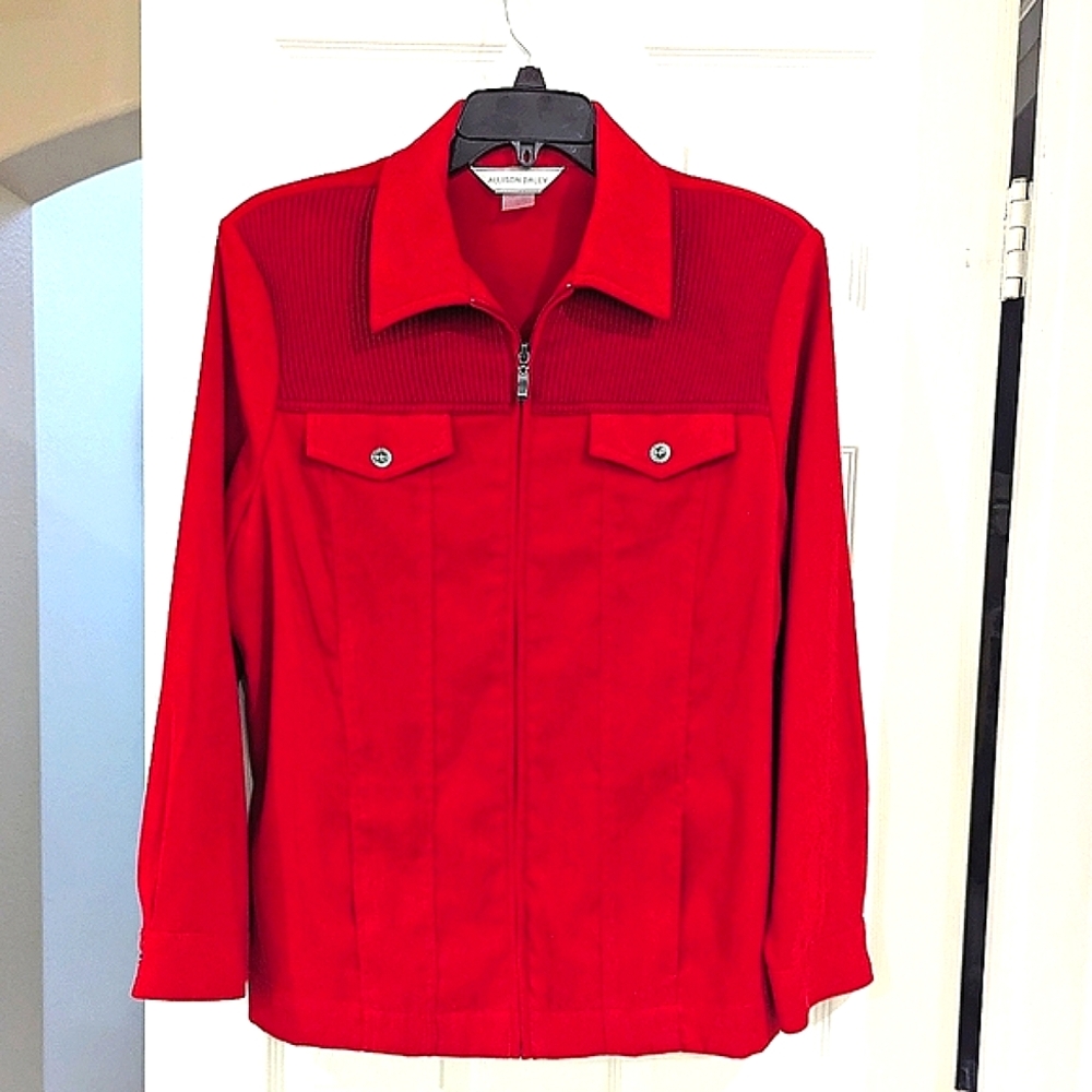 Allison Daley Red Faux Suede Full Zip Lightweight Jacket w/Ribbed Yoke (18)